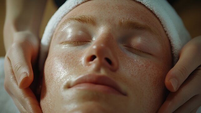 Close-up of a serene face during a relaxing facial treatment.