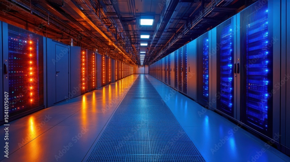 Poster data center interior with illuminated server racks and pathways.