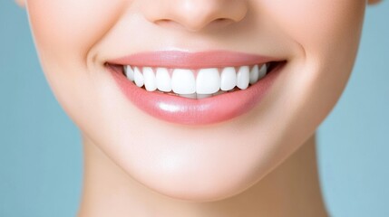 Obraz premium Close-up of a smiling woman's face with a bright white smile.