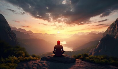 Person meditates on a cliff at sunset.