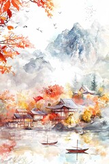 Picturesque Japanese Ink Painting Landscape