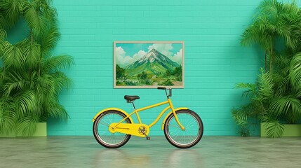Yellow Bike in a Minimalist Tropical Room with Mountain Painting