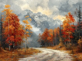 Fototapeta premium Autumn Mountain Landscape with Foggy Path