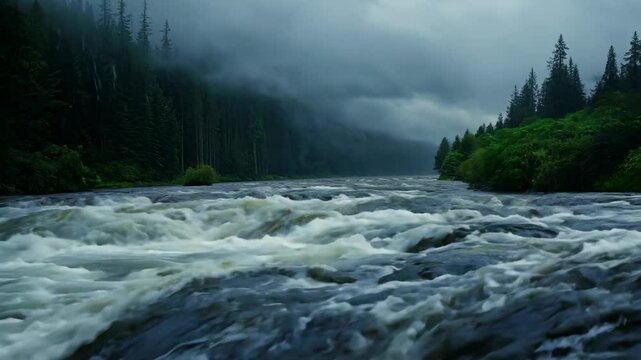 Dramatic zoom video of a river rushing through a dense forest in heavy rain with storm lighting