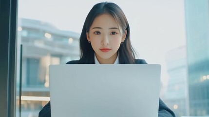 Business asian woman or female worker using a laptop computer to analyse her financial data.business people research or financial strategy in company concept. Laptop white screen mockup.