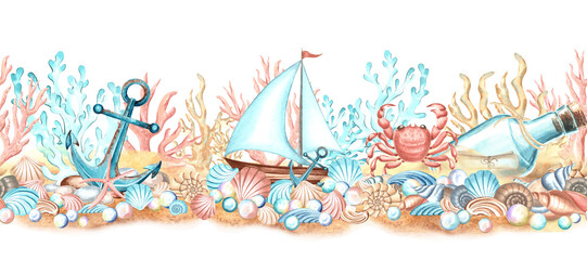 Underwater seamless border with sailboat, anchor and corals. Bottle, crab and seashells. Hand drawn watercolor illustration. Mediterranean, tropical theme. Template for wrapping, childrens wallpaper. © susie_p_art