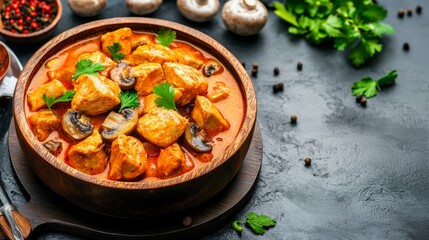  Carne cocida con champiñones en salsa de tomate, servida en un plato de madera con hierbas frescas y especias.
