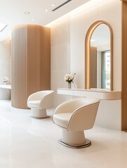 Modern hair salon interior with stylish chairs and elegant decor, offering a serene space for beauty and relaxation.