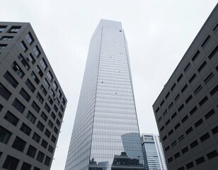 Obraz premium Stunning View of Modern Skyscraper Surrounded by Urban Architecture – A Perspective from Below