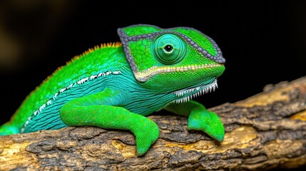 Obraz premium Vibrant Green Chameleon on Branch Close Up Reptile Lizard Wildlife Nature Exotic An