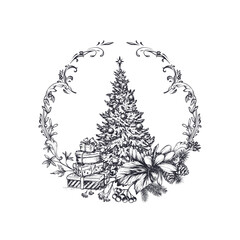Vector pre-made greeting card with Christmas tree, winter plants, gifts in vintage style.