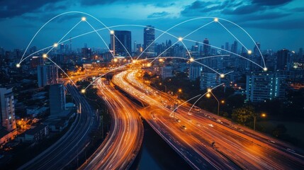 Obraz premium Cityscape with traffic and digital connectivity lines at dusk.