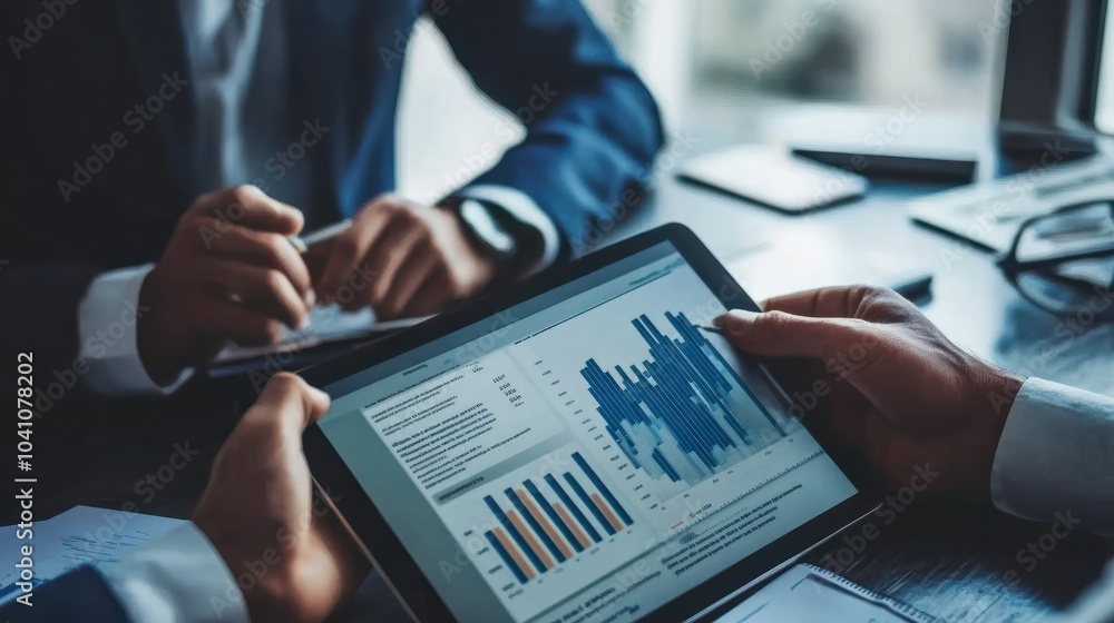 Poster data analysts discussing ai predictions with charts displayed on a tablet