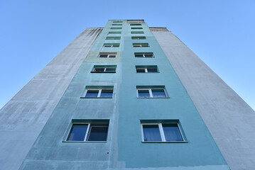 Perspective view of flat of blocks from Communist period, worn out concrete buildings in Eastern...