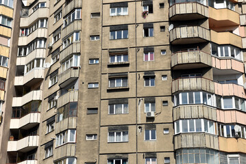 Flat of blocks from Communist period, worn out concrete buildings in Eastern Europe