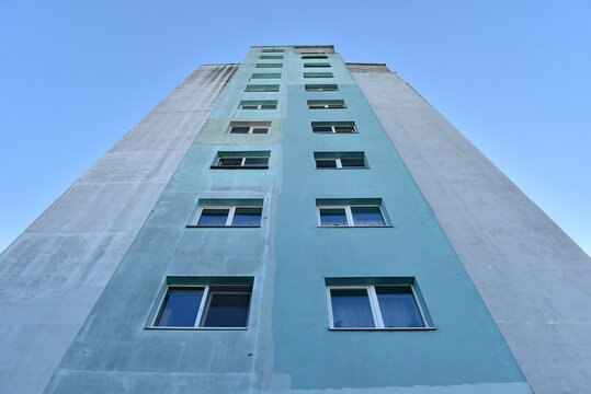 Perspective view of flat of blocks from Communist period, worn out concrete buildings in Eastern Europe - Powered by Adobe