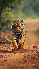 Fototapeta premium A tiger is running through a dirt road