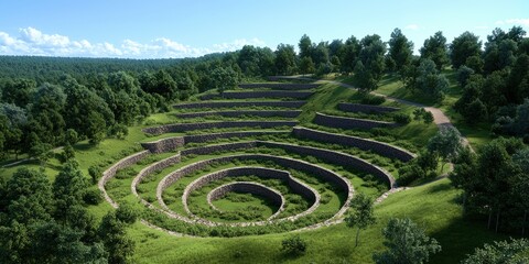 Circular Stone Terraces in Lush Green Landscape