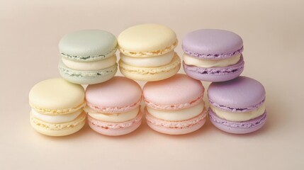 A stack of pastel-colored macarons on a light beige background