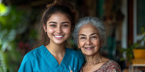 A young Indian girl is taking care of an elderly person in the caregiver's home in a luxurious room.