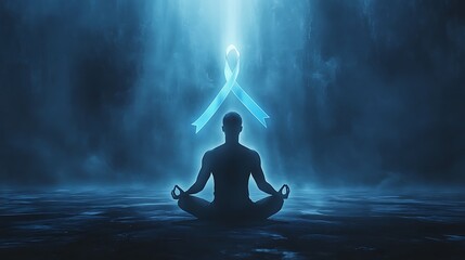 Fototapeta premium A calming illustration of a man meditating with a glowing blue ribbon floating above his chest. The background is a light blue gradient with soft light beams,