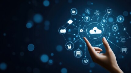 Hand touching a digital screen with icons of technology and online network connection, cloud storage, or security system on a dark blue background.
