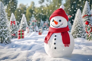 Snowman with red scarf in snowy landscape