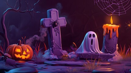Graveyard tombstone and cross, spider and cobweb, ghost and pumpkin, witch hat and melting wax on candle, cookies eyes. Vector in 3d style, Halloween themed decoration for party or postcard