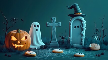 Graveyard tombstone and cross, spider and cobweb, ghost and pumpkin, witch hat and melting wax on candle, cookies eyes. Vector in 3d style, Halloween themed decoration for party or postcard