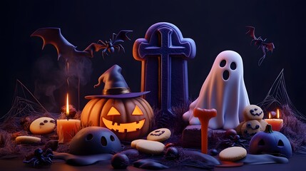 Graveyard tombstone and cross, spider and cobweb, ghost and pumpkin, witch hat and melting wax on candle, cookies eyes. Vector in 3d style, Halloween themed decoration for party or postcard