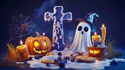 Graveyard tombstone and cross, spider and cobweb, ghost and pumpkin, witch hat and melting wax on candle, cookies eyes. Vector in 3d style, Halloween themed decoration for party or postcard