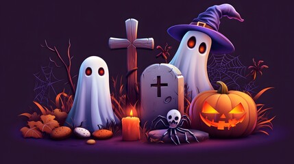 Graveyard tombstone and cross, spider and cobweb, ghost and pumpkin, witch hat and melting wax on candle, cookies eyes. Vector in 3d style, Halloween themed decoration for party or postcard