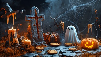 Graveyard tombstone and cross, spider and cobweb, ghost and pumpkin, witch hat and melting wax on candle, cookies eyes. Vector in 3d style, Halloween themed decoration for party or postcard