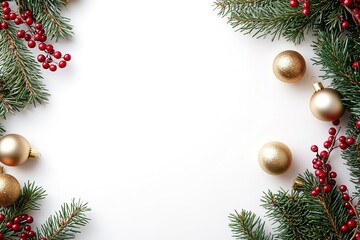 Festive border with fir, berries, and baubles