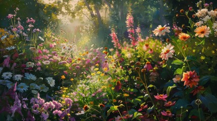 Obraz premium Vibrant Garden with Blooming Flowers in Sunlight