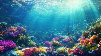 Vibrant coral reef with sunlight shining through the water, featuring colorful fish and sponges.