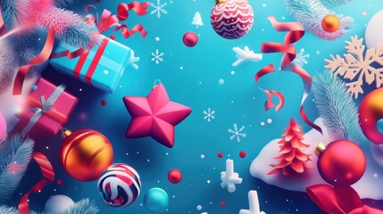 Merry Christmas and Happy New Year bright colorful composition. Xmas background with festive decorative elements. Festive banner and web poster, greeting card, flyer and brochure