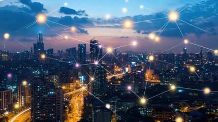 Obraz premium Urban skyline at dusk with network connections overlay.