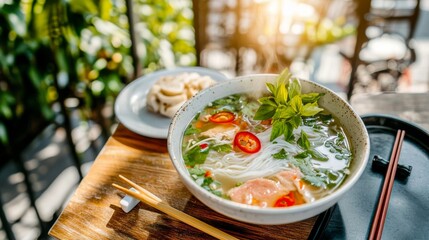  Un bol de sopa de noodles con hierbas frescas, rodajas de chile y trozos de pollo, acompañado de dumplings en un plato aparte.
