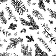 Seamless pattern background with winter christmas holly, spruce branches, twigs with leaves, berries. Floral botanical elements. Hand drawn line vector illustration.