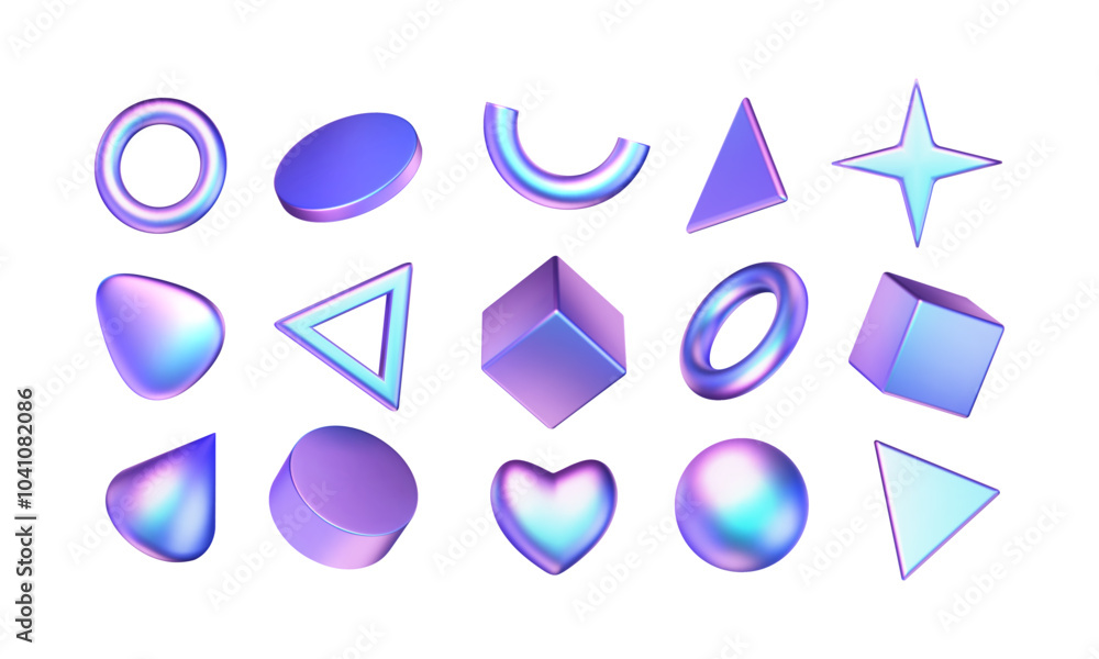 Wall mural set of 3d geometric shapes with metal hologram effect. chrome glossy circles, cubes, triangles, star