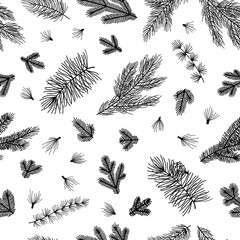 Seamless pattern background with winter christmas holly, spruce branches, twigs with leaves, berries. Floral botanical elements. Hand drawn line vector illustration.