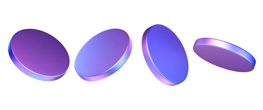 3d hologram coins. Geometric clean pedestal, disk, techno tablets set. Futuristic gradient elements, cyber badges. Vector glossy illustration. Chrome circles.