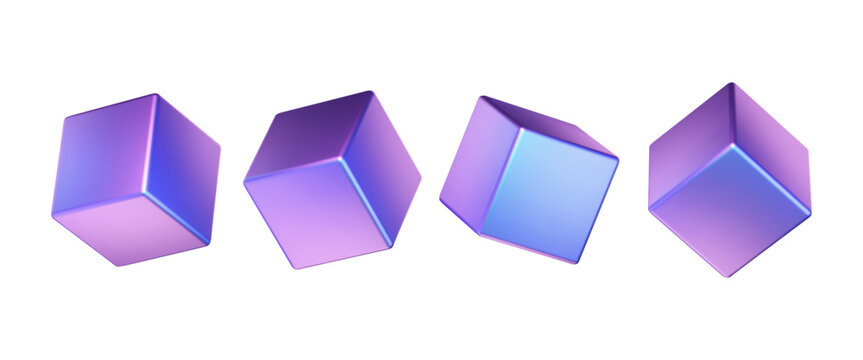 Fototapeta 3D chrome cubes set. Techno glossy geometric element. Futuristic holographic shapes in different tilts. Gradient icon. Glossy sticker. Vector illustration.