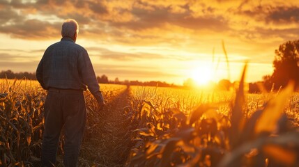 Rear view of senior farmer standing in corn field examining crop at sunset.