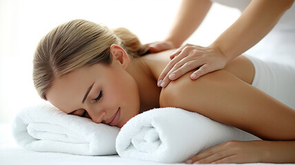 Fototapeta premium A woman is lying on her back in the spa and getting massaged by an professional female massage therapist,