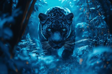 Black Panther Emerging from Blue Foliage