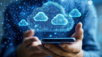 Secure Cloud Computing: Hand Holding a Smartphone with Holographic Cloud Icons, Depicting the Integration of Mobile Technology and Cloud Services with Blue Background - Generative AI