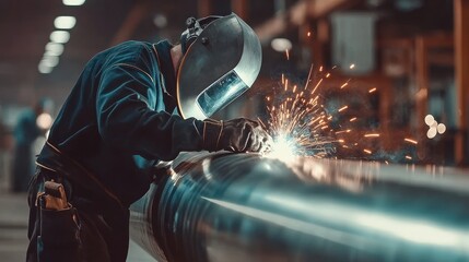 Welder wearing a safety mask, working with sparks flying while welding a metal pipe in an industrial setting.