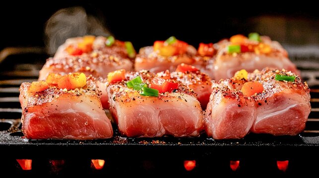  Cubos de carne de cerdo a la parrilla, sazonados con especias y decorados con trozos de vegetales frescos.

